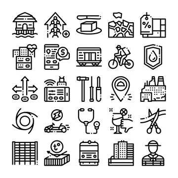 Diverse line icon collection representing various concepts and themes Ilustración de archivo