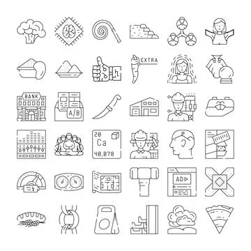 Diverse line icon collection representing various concepts and objects Stock Illustration