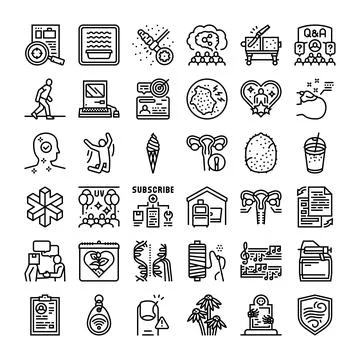 Diverse line icon collection representing various concepts and themes Stock Illustration