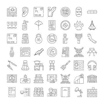 Diverse line icons representing various business and science concepts Stock Illustration