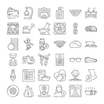 Diverse line icons representing various household and lifestyle concepts Stock Illustration