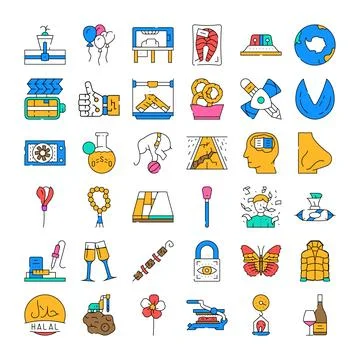 Diverse linear and flat icons illustrating various concepts and objects 库存插图