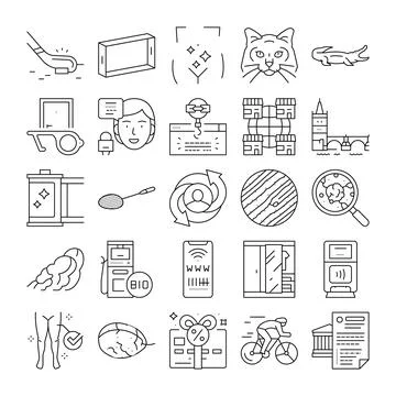 Diverse linear icons collection exploring technology and lifestyle concepts Stock Illustration