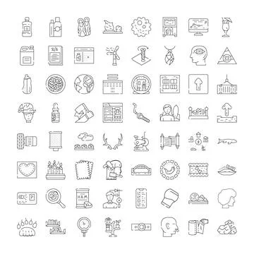 Diverse linear icons collection representing abstract concepts and objects Stock Illustration