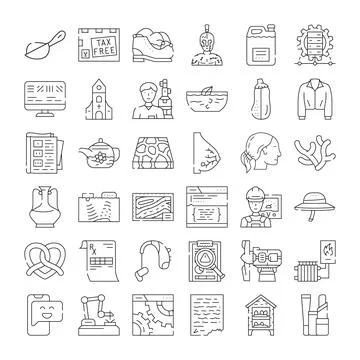 Diverse linear icons collection representing various concepts and objects Stock Illustration