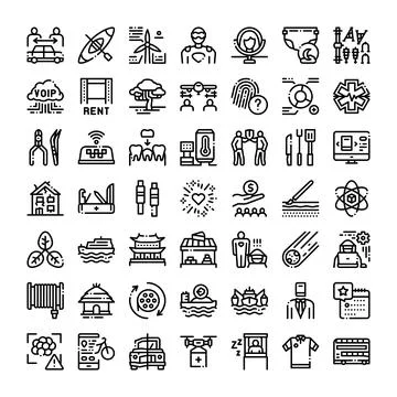 Diverse linear icons demonstrating modern technology and daily life concepts Ilustración de archivo