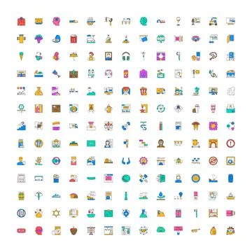 Diverse linear icons demonstrating modern technology and daily life Stock Illustration