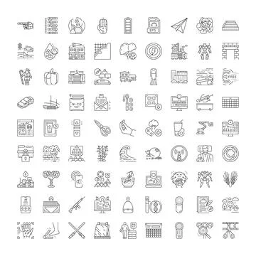 Diverse linear icons demonstrating modern technology and business Stock Illustration