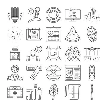 Diverse linear icons demonstrating modern technology and daily life Illustrazione stock