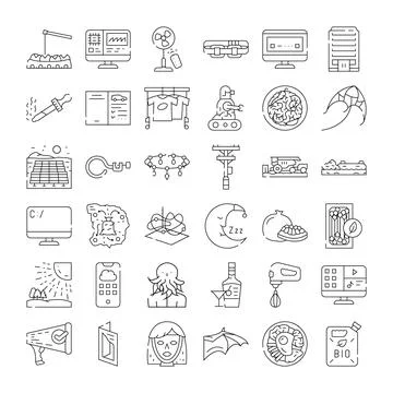 Diverse linear icons representing technology, nature, food, and lifestyle Illustrazione stock
