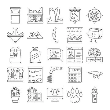 Diverse linear icons representing various objects and concepts Stock Illustration