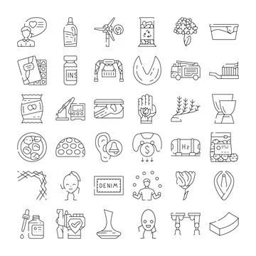 Diverse linear icons representing various abstract concepts and objects Stock Illustration