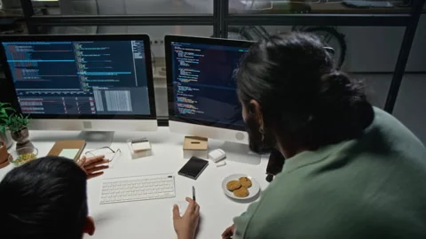 Diverse Male Programmers Collaborating on Code in Tech Office 스톡 동영상 348356736