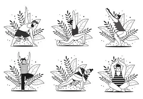 Diverse Men in Line Art Doing Yoga Stock Illustration
