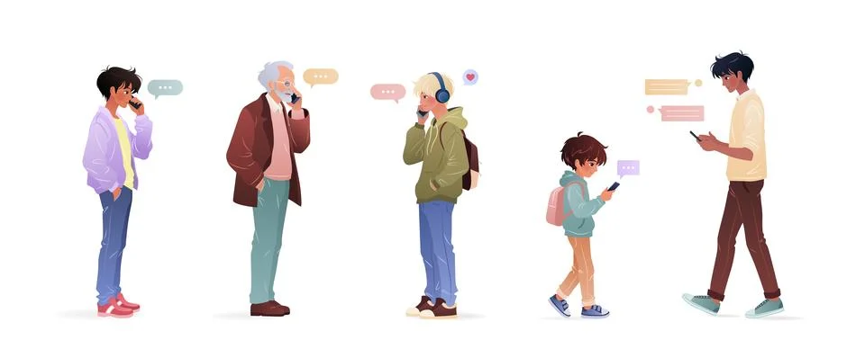 Diverse men using smartphone, surfing internet, chatting. Stock Illustration