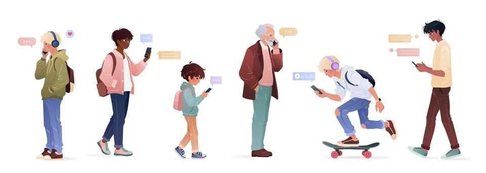 Diverse men using smartphone, surfing internet, chatting. Stock Illustration