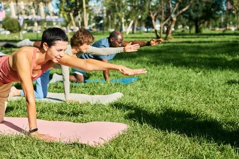 Diverse Middle Aged Adults Practicing Yoga Outdoors in Park Foto stock