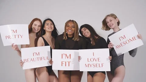 Diverse models are confident in their beauty, enjoying their body size and type Stock Footage 146364839