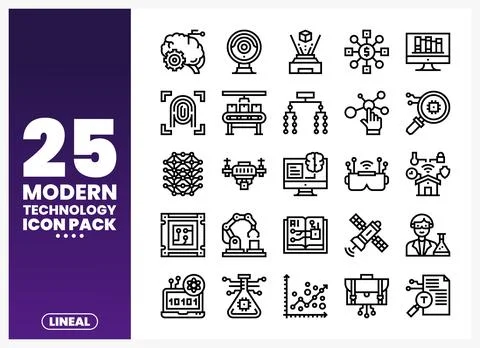 A diverse modern technology icon set presented on a gradient background. Stock Illustration