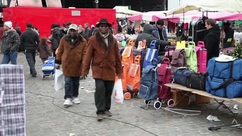 Diverse Multicultural Crowd Panning Shot at Brussels Open Air Market Stock Footage 343946213