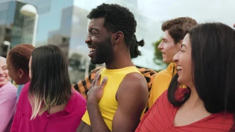 Diverse multiethnic friends having fun laughing outdoor  스톡 동영상 198219265