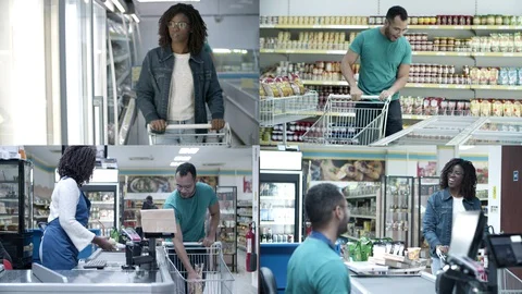 Diverse multiethnic shoppers wheeling carts Stock-Footage 130019708