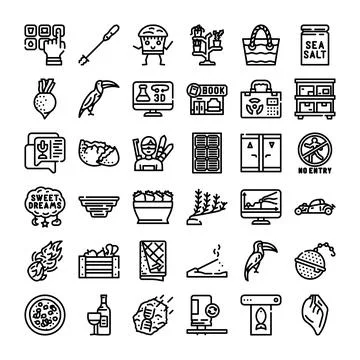 Diverse object collection vector icon set in linear style Stock Illustration