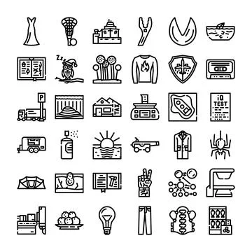Diverse object icon set line art graphics collection Stock Illustration