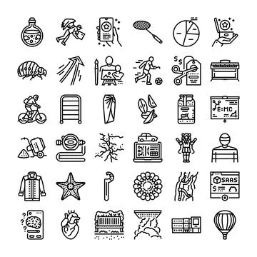 Diverse objects and symbols line art icon set Stock Illustration