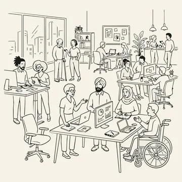 Diverse office workers collaborating, modern workplace, line art illustrati.. Stock Illustration