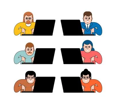 Diverse office workers collaborating online using laptops. Perfect for team.. Stock Illustration