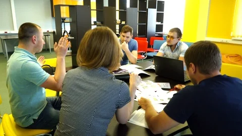 Diverse office workers team gather talking discussing online project laugh Stock Footage 126619095