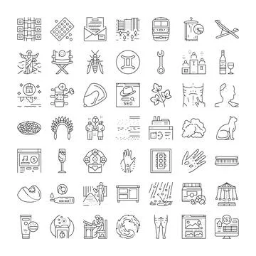 Diverse outline icons collection featuring various concepts and objects Stock Illustration