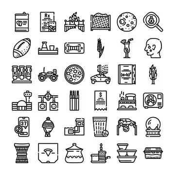 Diverse outline icons representing science, food, and lifestyle concepts Illustrazione stock