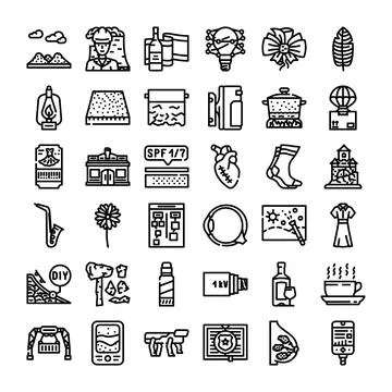 Diverse outline icons representing various objects and abstract concepts Stock Illustration