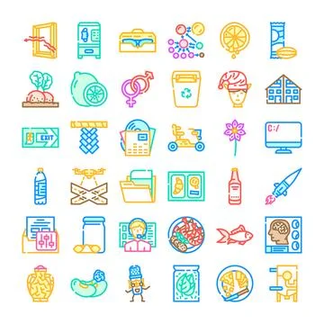 Diverse outline icons representing various concepts and themes Stock Illustration