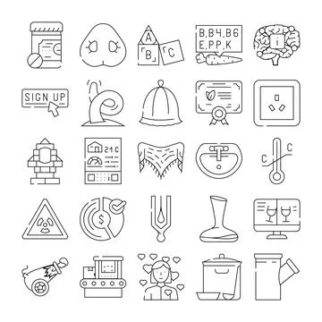 Diverse outline icons representing various concepts and themes Stock Illustration