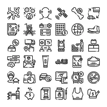Diverse outlined icons collection representing business and healthcare concep Stock Illustration