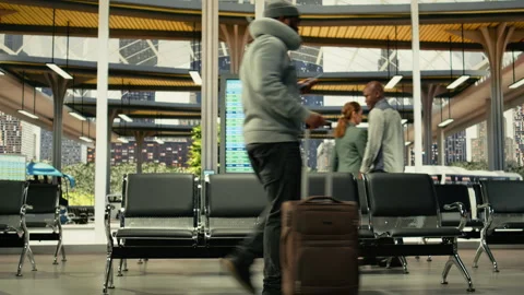 Diverse passengers in crowded bus station for long-distance interstate journey Stock Footage 334721952