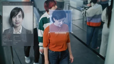 Diverse Passengers Passing Biometric AI Face Scanning at Border Control for Stock Footage 305647690