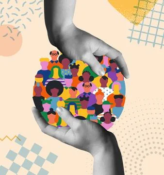 Diverse people in circle shape and human hands protecting vector card Stock Illustration