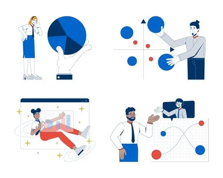Diverse people with data visualization 2D illustration concepts set 스톡 일러스트
