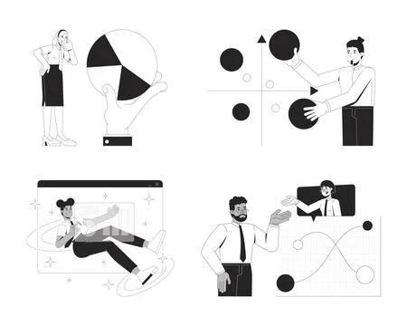 Diverse people with data visualization line illustration concepts set 스톡 일러스트