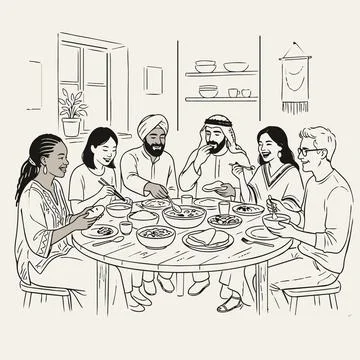Diverse people eating at table, multicultural friends sharing meal, illustr.. 库存插图