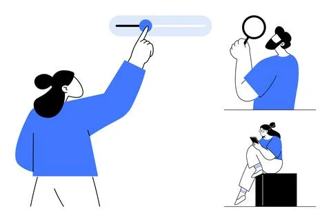 Diverse People Engaged in Technology Adjusting Settings, Magnifying Glass I.. Stock Illustration