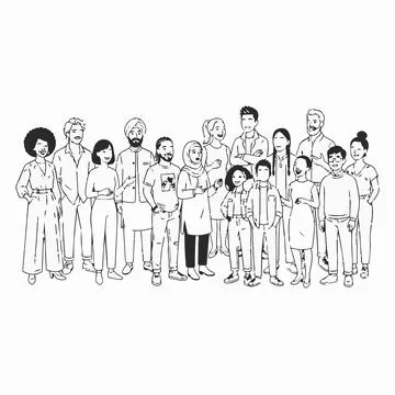Diverse people group illustration, multicultural crowd line art, people sta.. Stock Illustration