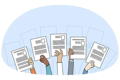 Diverse people hands raise up holding resume or CV offer candidacy at open Ilustração Stock