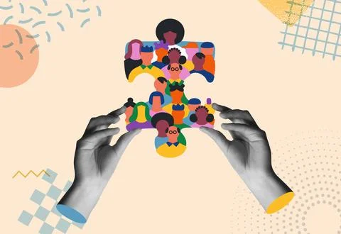 Diverse people in puzzle shape and human hands card concept vector illustrati Stock Illustration
