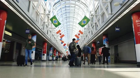 Diverse People rolling suitcases through airport immigration Flags Travel Vídeo Stock 232171906