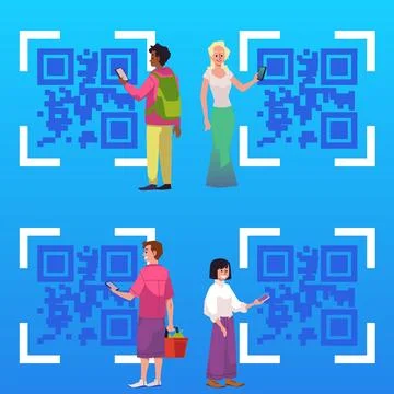 Diverse people scanning QR code, abstract flat vector illustration on blue ba Stock-Illustration